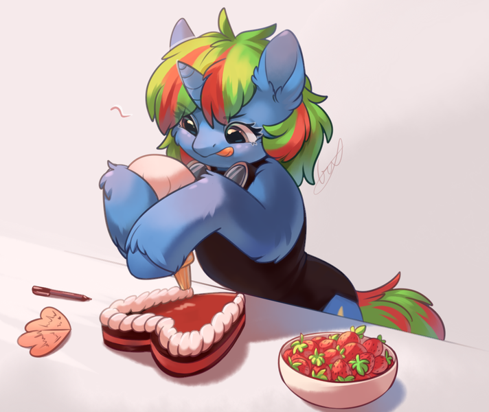 Size: 1186x999 | Tagged: safe, artist:peachmayflower, derpibooru import, oc, oc:wander bliss, unofficial characters only, pony, unicorn, bipedal, cake, clothes, commission, ear fluff, female, food, hoof hold, mare, solo, strawberry, tongue out, unshorn fetlocks, ych result
