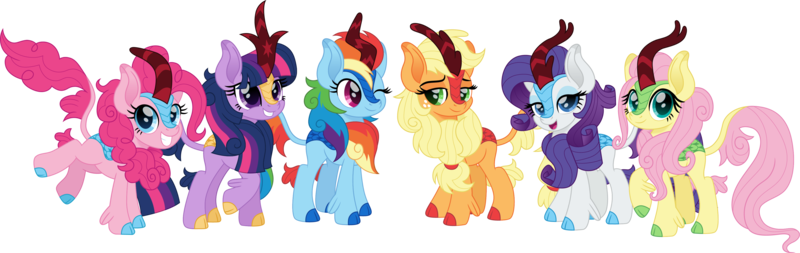Size: 4103x1300 | Tagged: safe, artist:cloudyglow, derpibooru import, applejack, fluttershy, pinkie pie, rainbow dash, rarity, twilight sparkle, kirin, appledash, cute, dashabetes, diapinkes, female, high res, jackabetes, kirinified, lesbian, lidded eyes, looking at each other, looking at you, mane six, one eye closed, raribetes, shipping, shyabetes, simple background, smiling, smiling at you, species swap, transparent background, twiabetes, weapons-grade cute, wink
