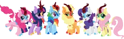 Size: 4103x1300 | Tagged: safe, artist:cloudyglow, derpibooru import, applejack, fluttershy, pinkie pie, rainbow dash, rarity, twilight sparkle, kirin, appledash, cute, dashabetes, diapinkes, female, high res, jackabetes, kirinified, lesbian, lidded eyes, looking at each other, looking at you, mane six, one eye closed, raribetes, shipping, shyabetes, simple background, smiling, smiling at you, species swap, transparent background, twiabetes, weapons-grade cute, wink