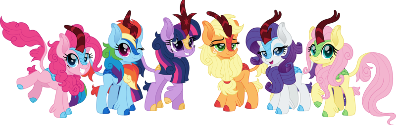 Size: 4419x1400 | Tagged: safe, alternate version, artist:cloudyglow, derpibooru import, applejack, fluttershy, pinkie pie, rainbow dash, rarity, twilight sparkle, kirin, absurd resolution, cloudyglow is trying to murder us, cute, dashabetes, diapinkes, female, jackabetes, kirinified, lidded eyes, looking at you, mane six, one eye closed, raribetes, shipping, shyabetes, simple background, smiling, smiling at you, species swap, transparent background, twiabetes, weapons-grade cute, wink