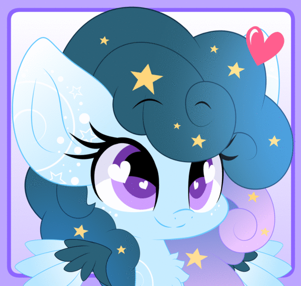 Size: 615x584 | Tagged: safe, artist:hungrysohma, derpibooru import, part of a set, oc, oc:stellar constellation, pegasus, pony, animated, bouncing, chest fluff, commission, cute, female, gif, heart, heart eyes, purple background, simple background, sparkly mane, stars, wingding eyes, ych result