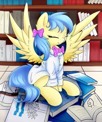 Size: 750x896 | Tagged: safe, artist:b_m, derpibooru import, oc, oc:lrivulet, oc:左岸, unofficial characters only, pony, book, bookshelf, doctor, solo