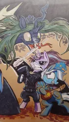 Size: 1280x2277 | Tagged: safe, artist:lytlethelemur, derpibooru import, queen chrysalis, starlight glimmer, trixie, pony, unicorn, bipedal, clothes, crossover, glowing horn, horn, lute, medallion, sword, the witcher, traditional art, weapon