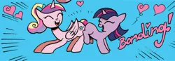 Size: 1208x421 | Tagged: safe, artist:andypriceart, deleted from derpibooru, derpibooru import, idw, princess cadance, twilight sparkle, alicorn, unicorn, neigh anything, spoiler:comic12, bonding, butt to butt, butt touch, cute, cutedance, female, filly, filly twilight sparkle, official comic, out of context, younger