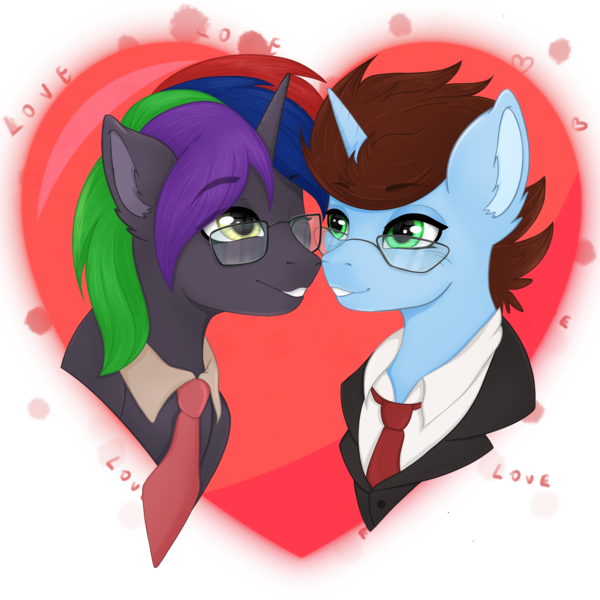 Size: 4050x4050 | Tagged: safe, derpibooru import, oc, oc:coda, pony, unicorn, commission, couple, gay, glasses, green eyes, heart, holiday, looking at each other, love, male, multicolored hair, nose to nose, png, simple background, sticker, transparent background, valentine, valentine's day, ych result