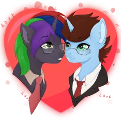 Size: 4050x4050 | Tagged: safe, derpibooru import, oc, oc:coda, pony, unicorn, commission, couple, gay, glasses, green eyes, heart, holiday, looking at each other, love, male, multicolored hair, nose to nose, png, simple background, sticker, transparent background, valentine, valentine's day, ych result