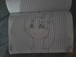 Size: 714x537 | Tagged: safe, artist:xxxdavid09xxx, derpibooru import, oc, oc:downvote, ponified, pony, derpibooru, crying, cute, derpibooru ponified, female, lined paper, mare, meta, notebook, paper, sketch, solo, traditional art