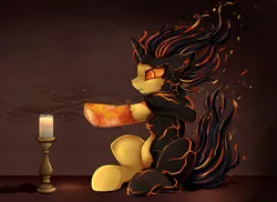 Size: 3509x2550 | Tagged: safe, artist:pridark, derpibooru import, oc, oc:cinderheart, unofficial characters only, elemental, elemental pony, pony, unicorn, ash, candle, chest fluff, commission, demi-god, ear fluff, female, fire, mare, sitting, smoke, solo, underhoof