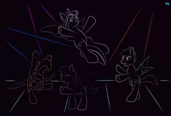 Size: 1000x676 | Tagged: safe, artist:quint-t-w, derpibooru import, oc, oc:cora spondence, oc:echo, oc:flare, oc:moon moon, unofficial characters only, bat pony, pony, dance floor, dance party, dancing, disco, eyes closed, fangs, flexible, gradient background, minimalist, modern art, old art, party, tongue out, underhoof