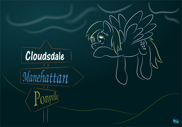 Size: 700x491 | Tagged: safe, alternate version, artist:quint-t-w, derpibooru import, derpy hooves, pegasus, pony, cloud, flying, gradient background, hoof on chin, minimalist, modern art, old art, redraw, road sign, solo