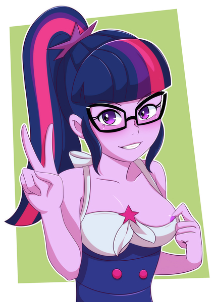 Size: 2480x3508 | Tagged: questionable, artist:morfinared, derpibooru import, sci-twi, twilight sparkle, equestria girls, areola, areola slip, blushing, breasts, clothes, exposed, female, grin, looking at you, nipple slip, nipples, nudity, peace sign, ponytail, smiling, solo, solo female, swimsuit, wardrobe malfunction