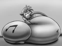 Size: 1940x1440 | Tagged: suggestive, artist:tracerpainter, derpibooru import, vinyl scratch, pony, unicorn, belly, big belly, black and white, butt, fat, grayscale, hose, inflation, monochrome, solo, vinyl ass, vinyl fat, water inflation