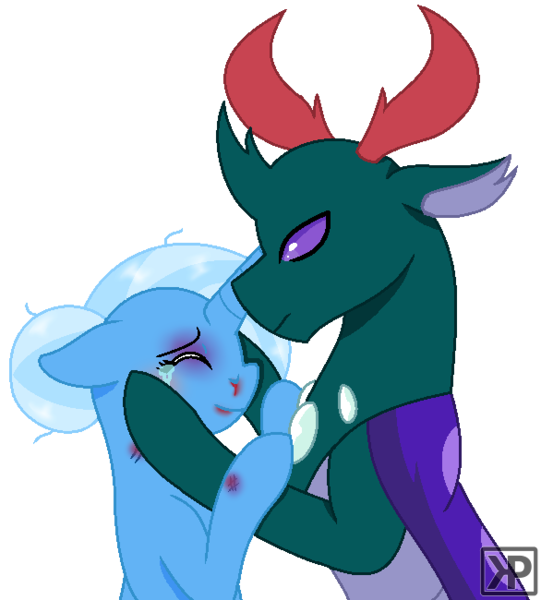 Size: 586x650 | Tagged: safe, artist:kittypaintyt, derpibooru import, pharynx, trixie, changedling, changeling, pony, unicorn, abuse, abusive relationship, alternate hairstyle, blood, bruised, comforting, context in source, crying, cut, eyes closed, female, hair bun, hooves on face, hug, implied bluetrix, male, nosebleed, phartrix, prince pharynx, shipping, simple background, smiling, straight, transparent background, trixiebuse