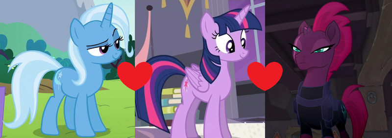 Size: 1976x696 | Tagged: safe, derpibooru import, edit, edited screencap, screencap, tempest shadow, trixie, twilight sparkle, twilight sparkle (alicorn), alicorn, pony, unicorn, book, female, lesbian, polyamory, shipping, shipping domino, tempestlight, tempestrix, twixie