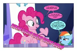 Size: 868x576 | Tagged: safe, artist:dziadek1990, derpibooru import, edit, edited screencap, screencap, pinkie pie, rainbow dash, earth pony, pegasus, pony, cartoon physics, coffee, comic, conversation, dialogue, friendship throne, heart, onomatopoeia, pinkie found the coffee, pun, rhyme, screencap comic, slice of life, sound effects, text