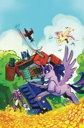 Size: 330x501 | Tagged: safe, derpibooru import, idw, fluttershy, pinkie pie, rarity, twilight sparkle, twilight sparkle (alicorn), alicorn, earth pony, pegasus, unicorn, spoiler:friendship in disguise, arcee, optimus prime, springer, transformers, windblade