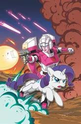 Size: 1341x2047 | Tagged: safe, artist:jack lawrence, derpibooru import, idw, rarity, pony, robot, unicorn, spoiler:friendship in disguise, arcee, blaster, clash of hasbro's titans, cover art, crossover, explosion, friendship in disguise, transformers