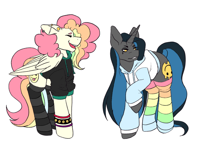 Size: 2732x2048 | Tagged: safe, artist:blacksky1113, artist:icey-wicey-1517, color edit, derpibooru import, edit, oc, oc:cheery candy, oc:tough cookie (ice1517), unofficial characters only, pegasus, pony, unicorn, cheerycookie, clothes, clothes swap, collaboration, colored, cute, ear piercing, earring, eyes closed, eyeshadow, female, hoodie, jewelry, lesbian, makeup, mare, multicolored hair, oc x oc, open mouth, piercing, rainbow hair, rainbow socks, raised hoof, shipping, simple background, socks, striped socks, transparent background, wristband