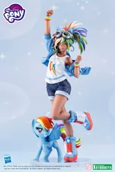 Size: 1200x1799 | Tagged: safe, derpibooru import, kotobukiya, rainbow dash, human, pegasus, pony, clothes, dark skin, denim shorts, figurine, goggles, goggles on head, human ponidox, humanized, legs, merchandise, moe, one eye closed, pose, raised hoof, self ponidox, sexy, shorts, smiling, spread wings, sultry pose, tanktop, tomboy, wings, wink, winking at you