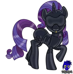 Size: 4100x4154 | Tagged: suggestive, artist:damlanil, derpibooru import, rarity, pony, unicorn, blindfold, bondage, bondage mask, catsuit, clothes, collar, collar ring, encased, female, gag, gift art, gimp suit, high heels, hood, horn, latex, latex suit, lock, looking at you, makeup, mare, muzzle gag, padlock, raised hoof, rubber, shiny, shiny mane, shoes, simple background, solo, transparent background, vibrating, zipper