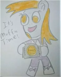 Size: 794x1007 | Tagged: safe, artist:dex stewart, derpibooru import, derpy hooves, anthro, pegasus, pony, food, it's muffin time, mighty morphin power rangers, morpher, muffin, pink ranger, power rangers, solo, traditional art