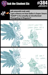 Size: 800x1239 | Tagged: safe, artist:sintakhra, derpibooru import, gallus, ocellus, changedling, changeling, gryphon, tumblr:studentsix, ..., flying, forelegs crossed, gallus is not amused, looking at each other, looking at you, post-it, unamused