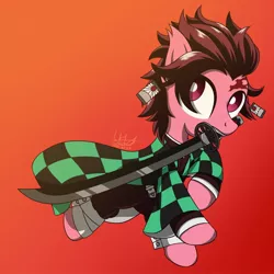 Size: 1600x1600 | Tagged: safe, artist:livehotsun, derpibooru import, ponified, earth pony, pony, anime, clothes, crossover, gradient background, kimetsu no yaiba, mouth hold, pants, signature, solo, sword, tanjiro kamado, weapon