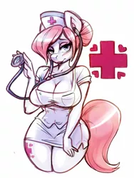 Size: 1200x1600 | Tagged: suggestive, artist:noupie, derpibooru import, nurse redheart, anthro, earth pony, big breasts, blushing, breasts, busty nurse redheart, cleavage, clothes, female, garters, gray background, hair bun, helloooooo nurse, looking at you, mare, miniskirt, side slit, simple background, skirt, skirt pull, solo, solo female, stethoscope, stupid sexy nurse redheart, thighs, white background
