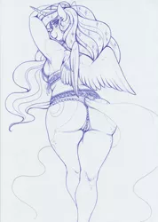 Size: 1236x1739 | Tagged: suggestive, artist:longinius, derpibooru import, princess luna, alicorn, anthro, pony, armpits, ass, bra, breasts, busty princess luna, butt, clothes, ear piercing, earring, ethereal mane, ethereal tail, female, flowing mane, flowing tail, jewelry, lace, lingerie, looking at you, looking back, looking back at you, mare, monochrome, moonbutt, panties, piercing, plump, praise the moon, rear view, rearboob, ribbon, seductive pose, sideboob, slightly chubby, solo, solo female, starry mane, stupid sexy luna, thong, traditional art, underwear, wide hips