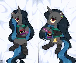 Size: 2994x2500 | Tagged: suggestive, artist:marvie69, derpibooru import, oc, oc:tough cookie (ice1517), unofficial characters only, pony, unicorn, bedroom eyes, blushing, body pillow, body pillow design, clothes, commission, ear piercing, earring, eyeshadow, featureless crotch, female, femsub, hoodie, jewelry, looking at you, makeup, mare, piercing, socks, solo, solo female, striped socks, submissive, wristband, ych result