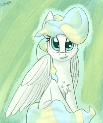 Size: 1250x1500 | Tagged: safe, artist:litrojia, derpibooru import, vapor trail, pegasus, pony, abstract background, cheek fluff, chest fluff, cute, female, looking at you, mare, sitting, solo, spread wings, vaporbetes, wings