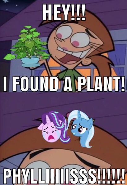 Size: 649x948 | Tagged: a horse shoe-in, caption, crying, derpibooru import, edit, edited screencap, fairly odd parents, image macro, meme, philodendron, phyllis, phyllis no!, safe, screencap, starlight glimmer, text, trixie, vicky