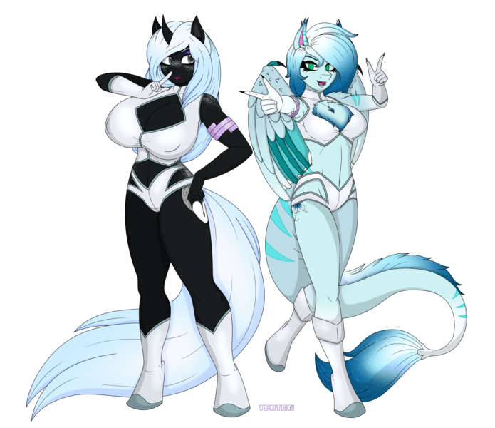 Size: 4400x3800 | Tagged: suggestive, artist:tertonda, deleted from derpibooru, derpibooru import, oc, oc:artic blitz, oc:lumina moonlight, unofficial characters only, anthro, bat pony, unguligrade anthro, unicorn, armpits, bat pony oc, bat wings, big breasts, breasts, clothes, commission, huge breasts, simple background, smiling, transparent background, wings