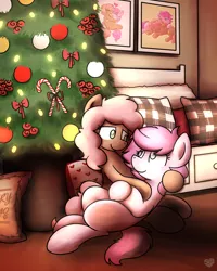 Size: 2048x2560 | Tagged: safe, artist:sugar morning, derpibooru import, oc, oc:kayla, oc:mary jane, unofficial characters only, earth pony, pegasus, bed, candy, candy cane, christmas, christmas tree, female, food, holding head, holiday, kayry, lesbian, looking at each other, mare, oc x oc, pillow, shipping, snuggling, tree