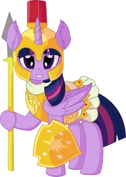 Size: 5516x7718 | Tagged: safe, artist:cyanlightning, derpibooru import, twilight sparkle, twilight sparkle (alicorn), alicorn, pony, scare master, absurd resolution, armor, armor skirt, athena, athena sparkle, beautiful, clothes, costume, cute, female, looking at you, mare, nightmare night, nightmare night costume, shield, simple background, skirt, smiling, smug, solo, spear, transparent background, vector, weapon