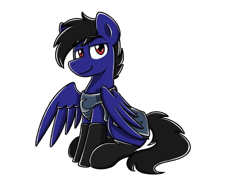 Size: 2560x2048 | Tagged: source needed, useless source url, safe, artist:sugar morning, derpibooru import, oc, oc:jet black, unofficial characters only, pegasus, pony, armor, clothes, commission, lidded eyes, looking at you, male, simple background, sitting, smiling, socks, solo, spread wings, stallion, transparent background, wings