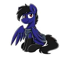 Size: 2560x2048 | Tagged: source needed, useless source url, safe, artist:sugar morning, derpibooru import, oc, oc:jet black, unofficial characters only, pegasus, pony, armor, clothes, commission, lidded eyes, looking at you, male, simple background, sitting, smiling, socks, solo, spread wings, stallion, transparent background, wings