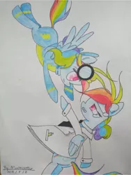 Size: 1560x2080 | Tagged: safe, artist:moonsetter, derpibooru import, rainbow dash, pegasus, pony, big eyes, clothes, crying, female, flying, goggles, in the sky, lab coat, mare, rainbow factory dash, simple background, tears of pain, traditional art, uniform, white background, wind, wonderbolts uniform