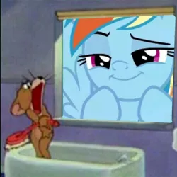 Size: 1920x1920 | Tagged: safe, derpibooru import, edit, edited screencap, screencap, rainbow dash, mouse, pegasus, pony, brush, faic, meme, screaming, smiling, smirk, spoiler for another series, tom and jerry, window