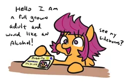 Size: 586x397 | Tagged: safe, artist:jargon scott, derpibooru import, scootaloo, pegasus, pony, alternate hairstyle, blatant lies, dialogue, disguise, fake id, female, filly, hoof hold, id card, no pupils, offscreen character, paper-thin disguise, seems legit, sideburns, simple background, solo, totally not scootaloo, white background