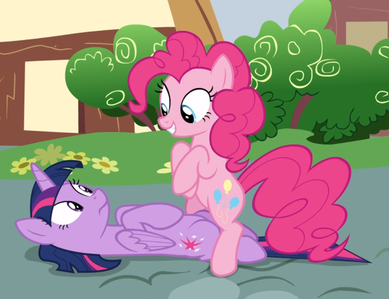 Size: 1077x830 | Tagged: safe, derpibooru import, screencap, pinkie pie, twilight sparkle, twilight sparkle (alicorn), alicorn, earth pony, pony, fame and misfortune, bipedal, cropped, duo, female, looking at each other, lying down, mare, out of context, smiling