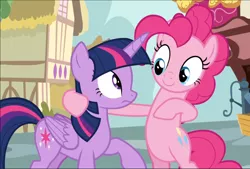 Size: 1390x940 | Tagged: safe, derpibooru import, screencap, pinkie pie, twilight sparkle, twilight sparkle (alicorn), alicorn, earth pony, pony, fame and misfortune, bipedal, cropped, duo, female, hoof around neck, looking at each other, mare, raised hoof, smiling