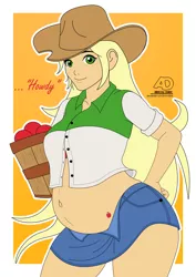 Size: 2480x3508 | Tagged: safe, artist:arrowdark, derpibooru import, applejack, equestria girls, applejack's hat, belly, belly button, big belly, clothes, cowboy hat, hat, looking at you, orange background, pregnant, pregnant equestria girls, simple background, text