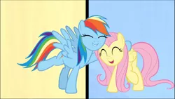 Size: 1671x940 | Tagged: safe, derpibooru import, screencap, fluttershy, rainbow dash, pegasus, pony, fame and misfortune, cropped, cute, dashabetes, eyes closed, female, hug, mare, open mouth, raised hoof, shyabetes, smiling, solo, we're not flawless