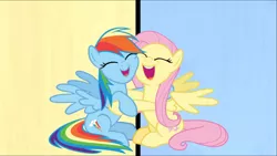 Size: 1667x939 | Tagged: safe, derpibooru import, screencap, fluttershy, rainbow dash, pegasus, pony, fame and misfortune, cropped, cute, dashabetes, duo, eyes closed, female, hug, mare, open mouth, shyabetes, sitting, smiling