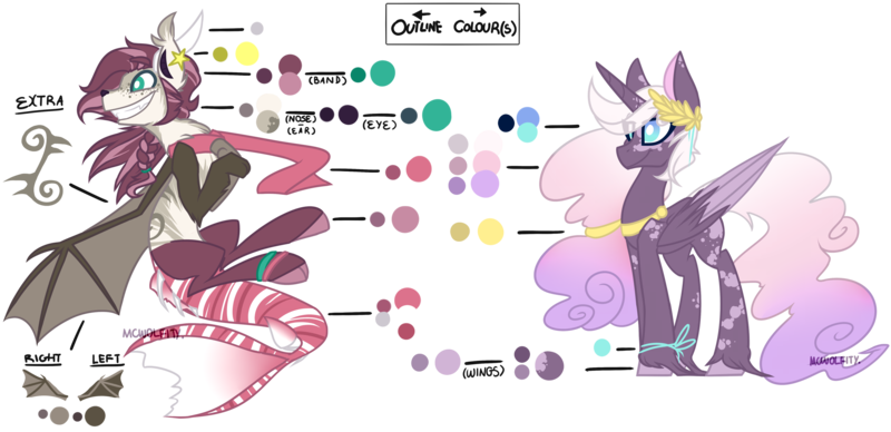 Size: 3514x1706 | Tagged: safe, artist:mcwolfity, deleted from derpibooru, derpibooru import, oc, unofficial characters only, alicorn, draconequus, hybrid, pony, alicorn oc, draconequus oc, duo, eye clipping through hair, female, grin, hoof fluff, horn, interspecies offspring, laurel wreath, magical lesbian spawn, male, mare, offspring, parent:applejack, parent:discord, parent:princess cadance, parent:princess luna, parents:applecord, parents:lundance, reference sheet, simple background, smiling, text, transparent background, wings