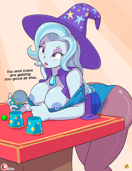 Size: 2550x3300 | Tagged: questionable, alternate version, artist:furboz, derpibooru import, trixie, human, equestria girls, areola, ass, bent over, big breasts, breasts, busty trixie, butt, clothes, colored, commission, female, flashing, flashing boobs, hat, humanized, image, implied snails, implied snips, jpeg, leotard, magician outfit, nipples, nudity, pantyhose, partial nudity, sexy, shell game, solo, solo female, strip game, stupid sexy trixie, the great and powerful ass, thick, thighs, trixie's hat