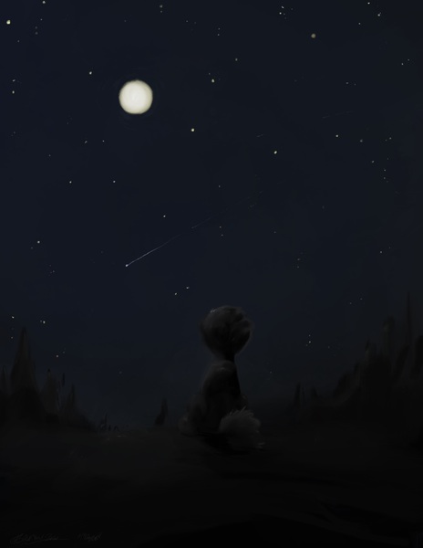 Size: 2550x3300 | Tagged: safe, artist:rigbyh00ves, derpibooru import, pony, dark, high res, moon, night, rear view, scenery, sitting, solo, stargazing, stars