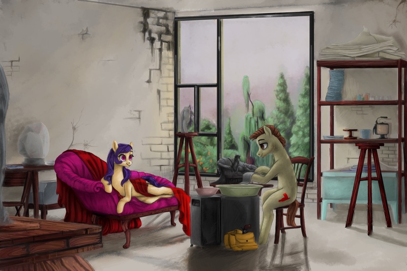 Size: 5400x3600 | Tagged: safe, artist:violettacamak, derpibooru import, oc, oc:cinnamon stripe, oc:lucky shot, earth pony, pony, clay, fainting couch, female, male, mare, pottery, pottery wheel, stallion