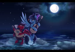 Size: 2550x1800 | Tagged: artist:hexfloog, beach, commission, derpibooru import, female, guitar, guitarron, moon, musical instrument, night, oc, oc:star spicer, oc:strumbeat strings, pegasus, rock, safe, water